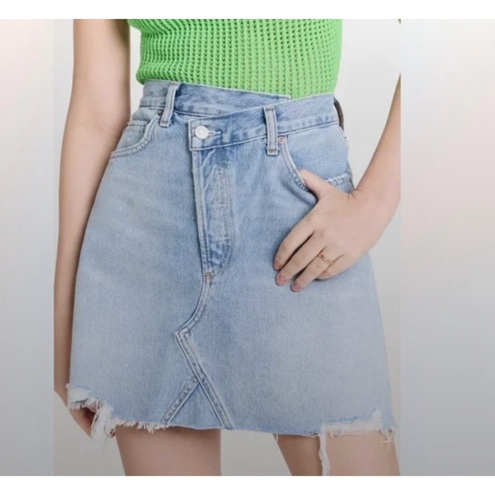 AGOLDE Criss Cross Denim Skirt Asymmetrical Raw Hem Light Wash Size 26